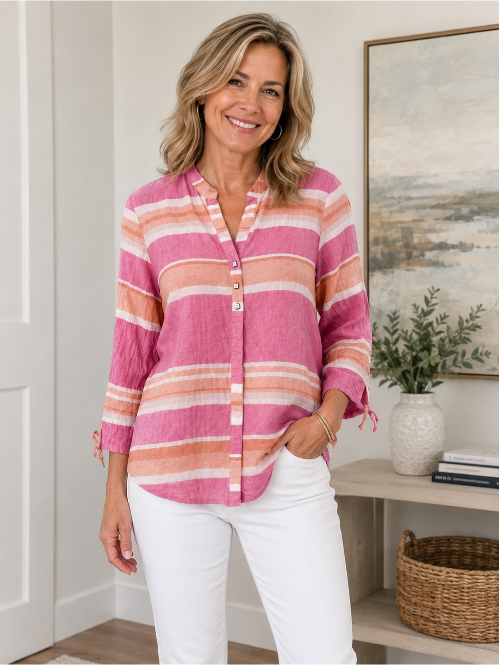Habitat Pink and Peach Striped Button-Down Top
